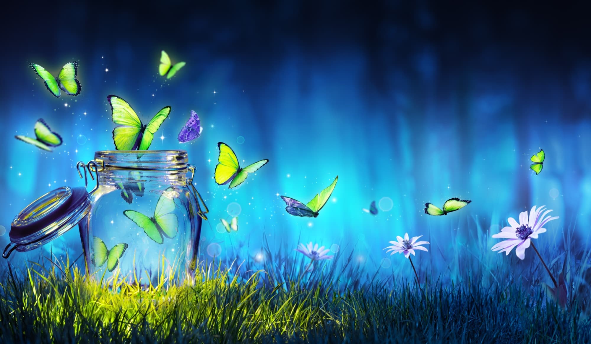 Green butterflies rising out of an open glass jar into a moonlit blue meadow