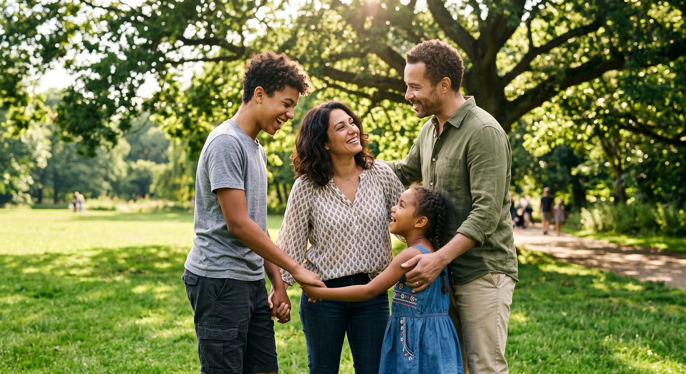 A family of four laughing together under a broad tree in a sunlit park, both parents turned toward their teenage son and young daughter