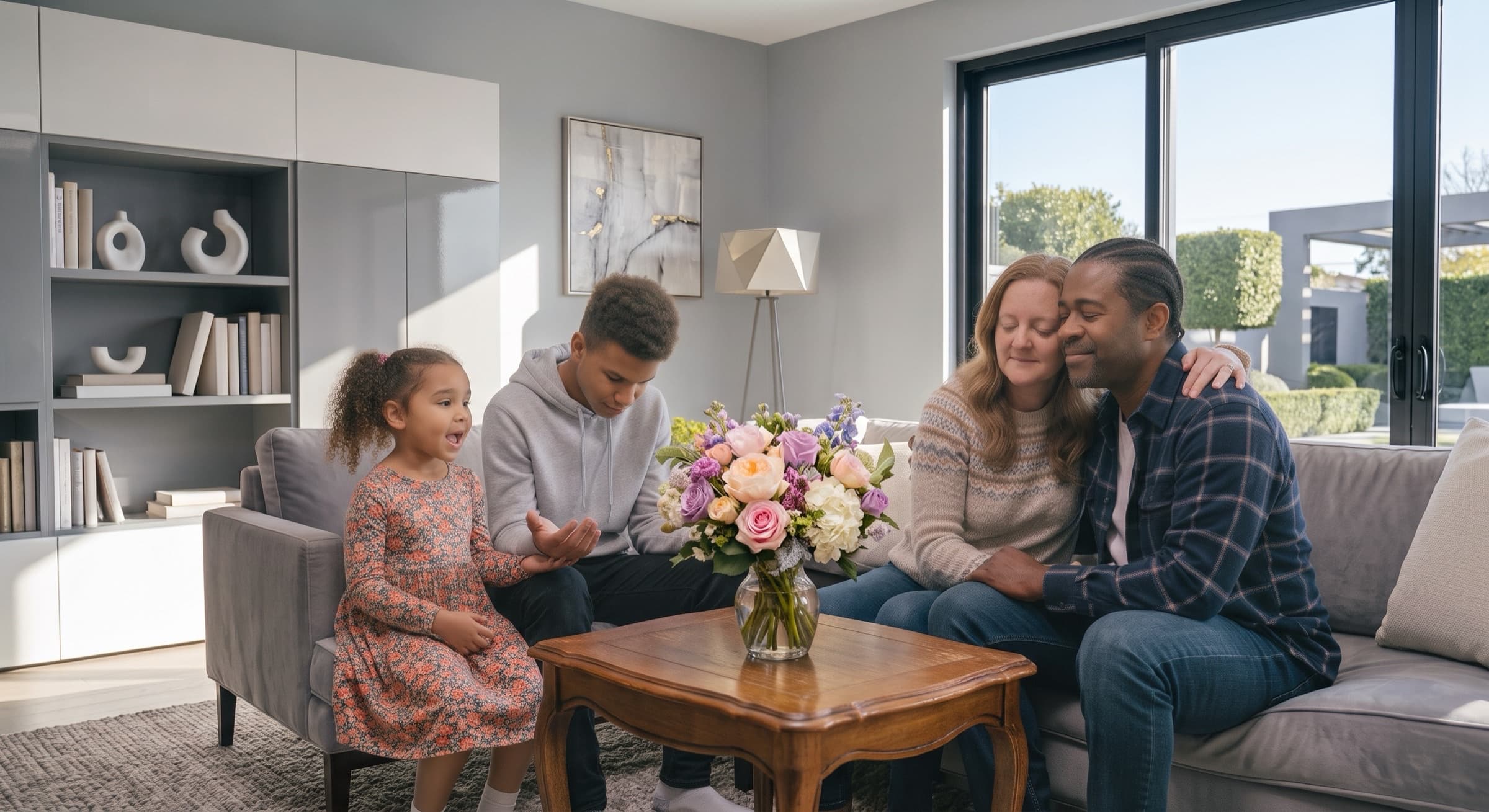 A family in a bright living room, two parents leaning together while their daughter talks and their son listens